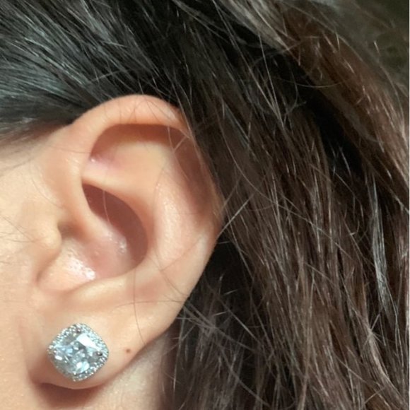 Silver Diamond Halo Cushion Stud Earrings, NEW - Picture 9 of 10